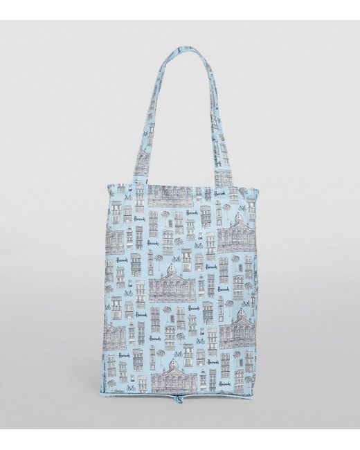 Harrods Blue Recycled London Town Pocket Shopper Bag
