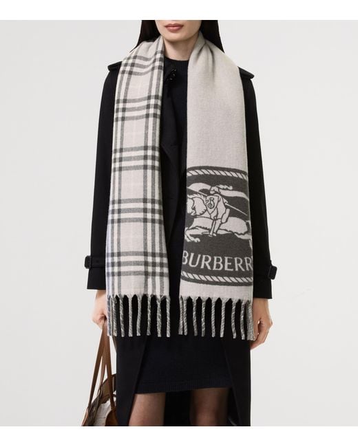Burberry Gray Cashmere Reversible Knight Stamp Scarf