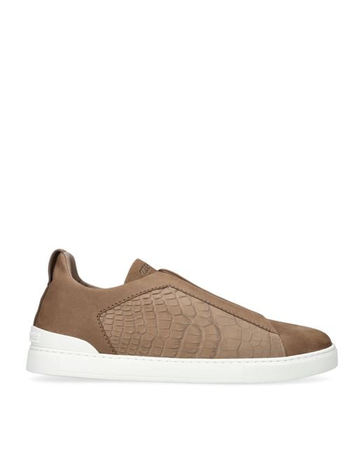 Zegna Brown Crocodile Leather Triple Stitch Sneakers for men