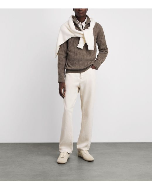 FIORONI CASHMERE Brown Cashmere Cable Knit Quarter-Zip Sweatshirt for men