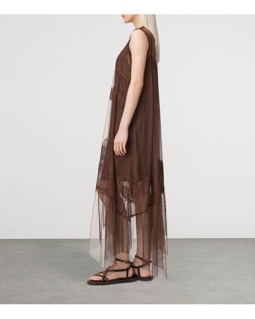AllSaints Brown Tulle Lace-Trimmed Clara Midi Dress