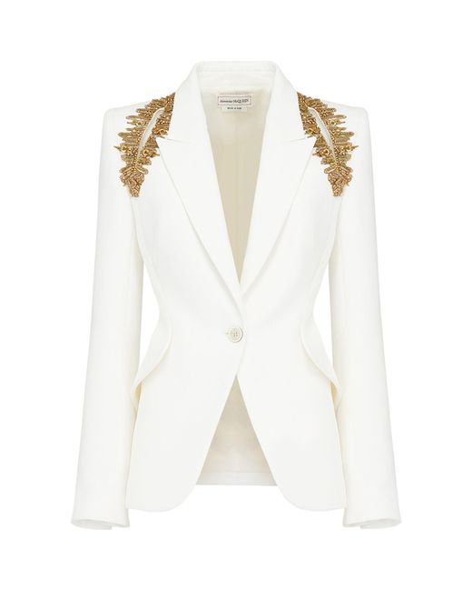 Alexander McQueen White Crystal-embellished Notch-lapel Crepe Blazer