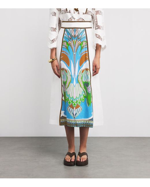 Lug Von Siga Blue Linen Printed Rosalie Midi Skirt