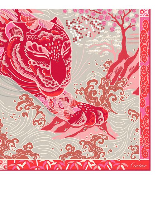 Cartier Pink Silk Panther Garden Scarf