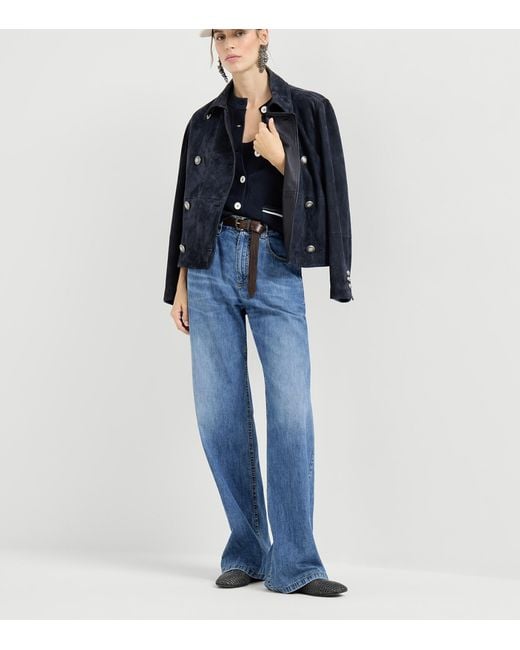 Brunello Cucinelli Blue Suede Double-Breasted Jacket
