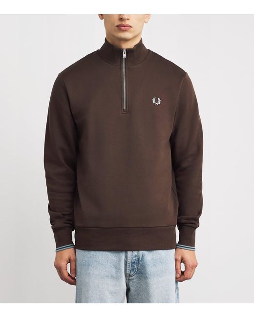 Fred Perry Brown Cotton Quarter-Zip Sweatshirt for men