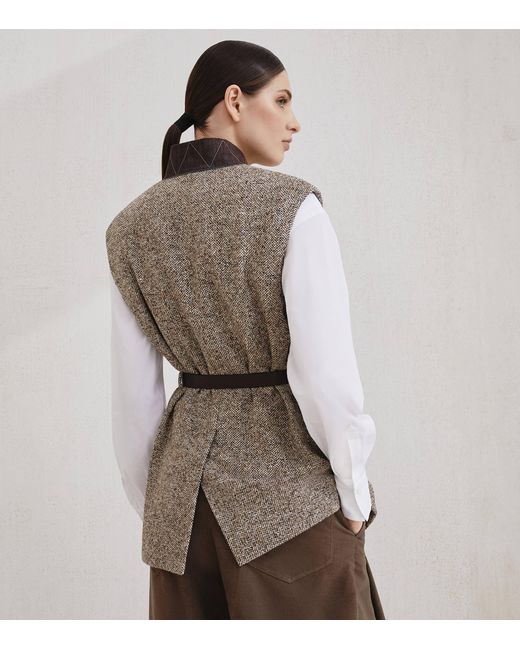 Brunello Cucinelli Gray Virgin Wool-Silk Chevron Belted Vest