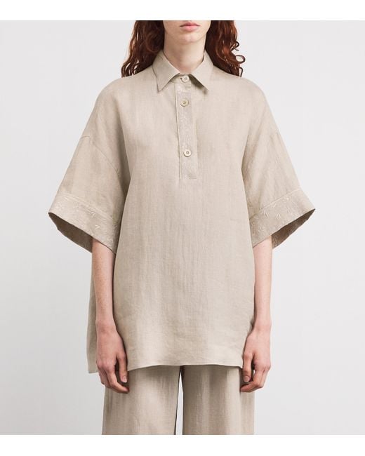 Eleventy White X Harrods Linen Embroidered Collared Shirt