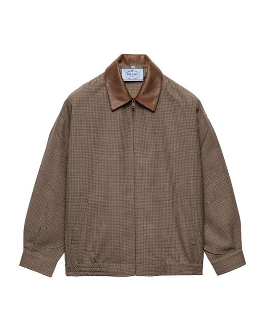 Prada Brown Wool Houndstooth Leather-Collar Jacket