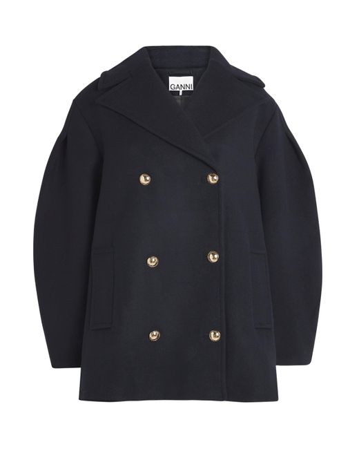 Ganni Blue Recycled Wool-Blend Midi Pea Coat