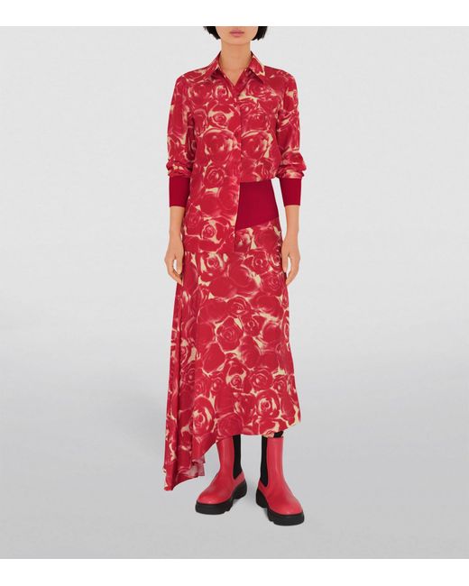 Burberry Red Silk Rose Print Midi Skirt