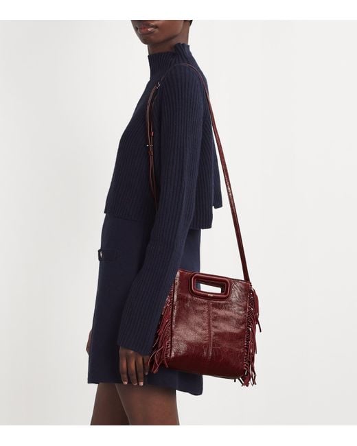 Maje Red Cracked Leather Fringed M Bag