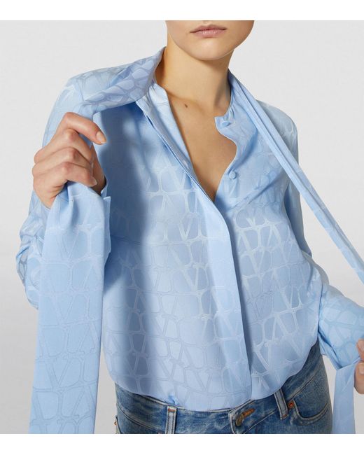 Valentino Garavani Blue Silk Jacquard Pussy-bow Shirt