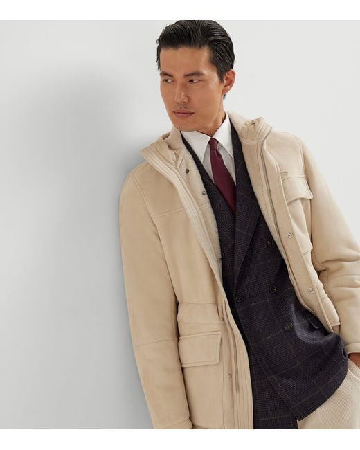 Brunello Cucinelli Natural Suede-Shearling Hooded Jacket for men