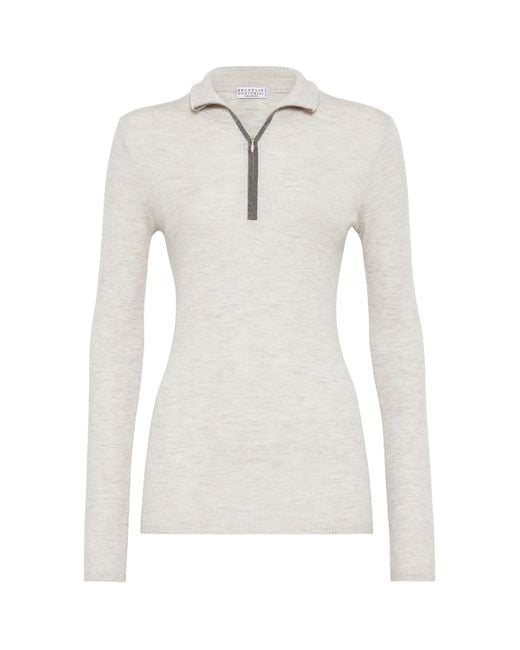 Brunello Cucinelli White Virgin Wool-Cashmere Rib-Knit Sweater