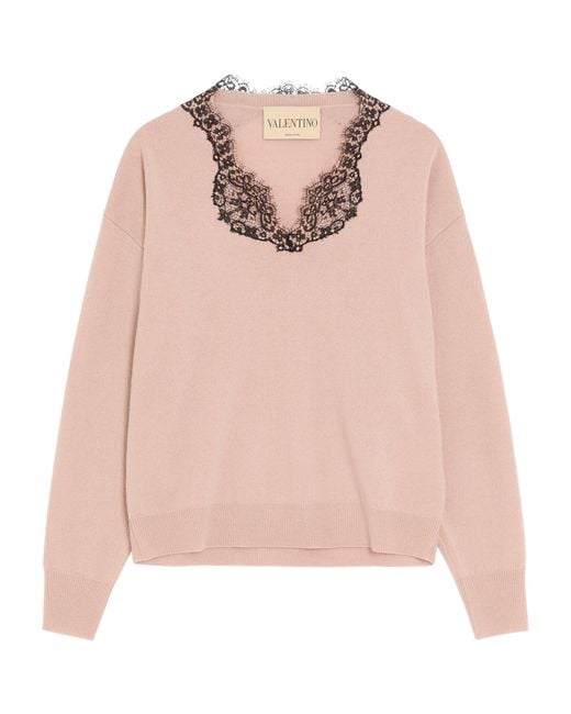 Valentino Pink Cashmere Lace-Trim Sweater