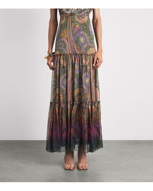 Etro Green Silk Paisley Tiered Maxi Skirt