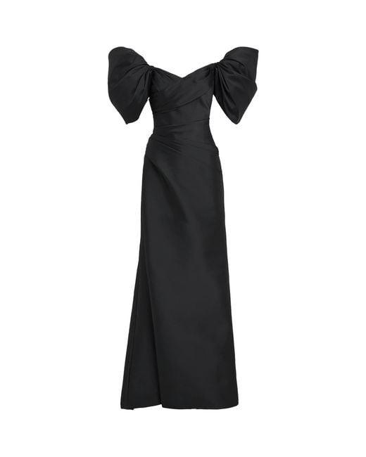 Monique Lhuillier Black Taffeta Off-The-Shoulder Gown