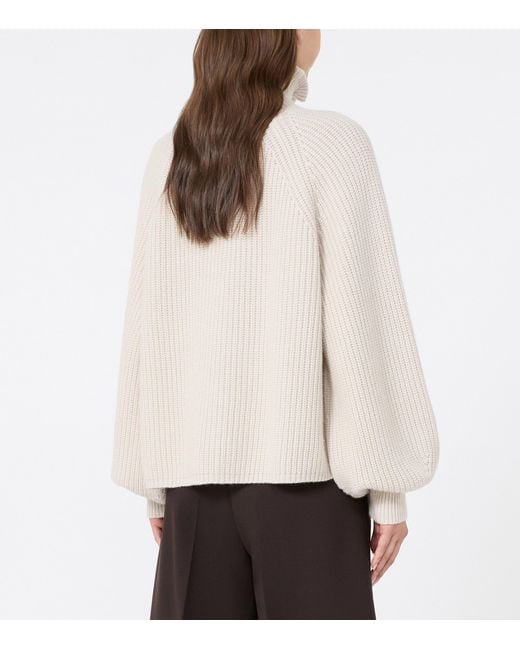 Max Mara White Wool-Cashmere Ruffle-Neck Sweater