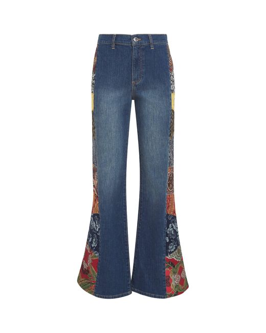Alice + Olivia Blue Stretch-Denim Patchwork Flare Sb Jeans