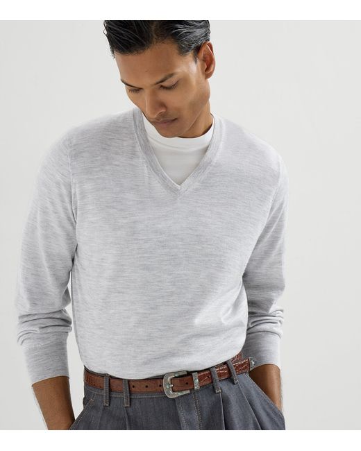 Brunello Cucinelli Gray Cashmere-Silk V-Neck Sweater for men