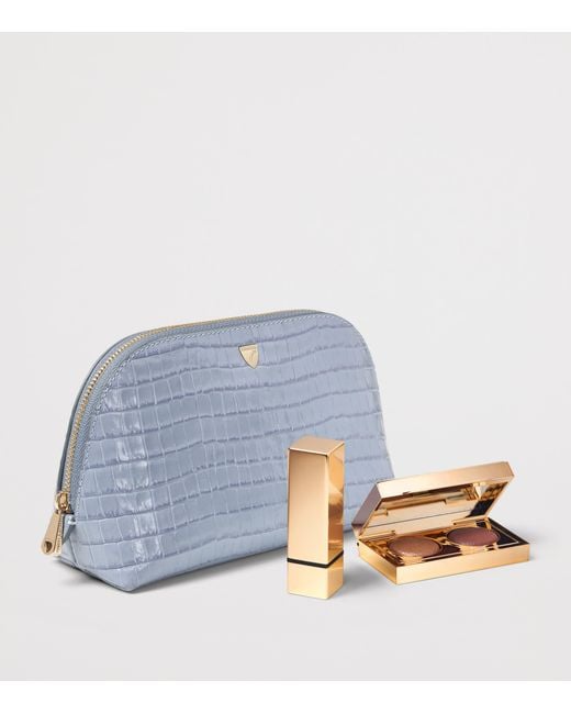 Aspinal Blue Small Leather Croc-Embossed Cosmetic Case
