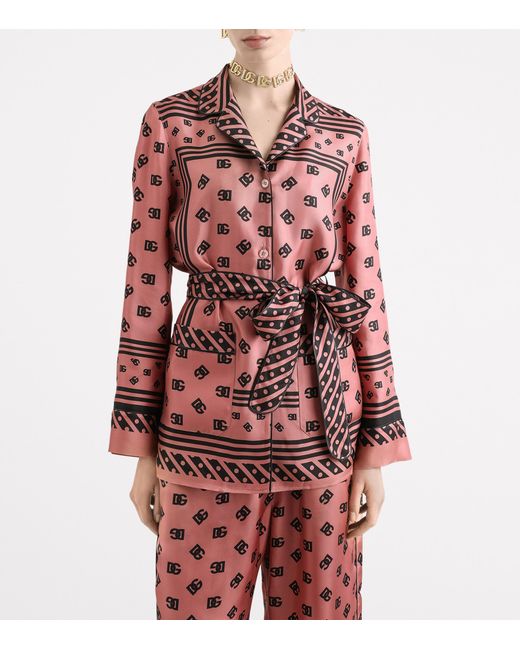 Dolce & Gabbana Red Silk Logo Print Shirt