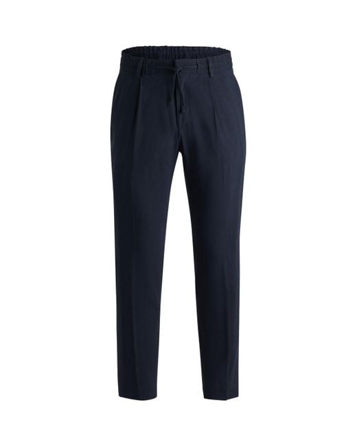 Boss Blue Linen-Blend Drawstring-Waist Tailored Trousers for men