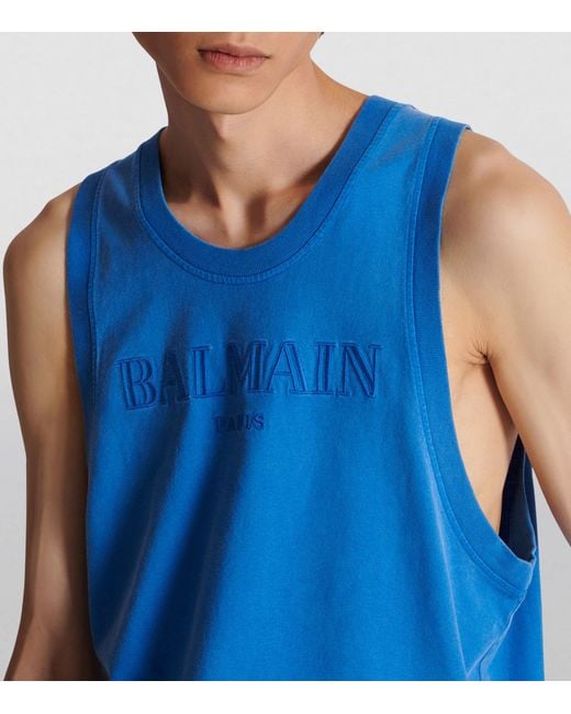 Balmain Blue Logo Embroidered Tank Top for men