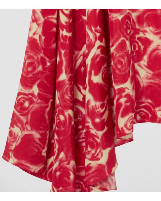 Burberry Red Silk Rose Print Midi Skirt