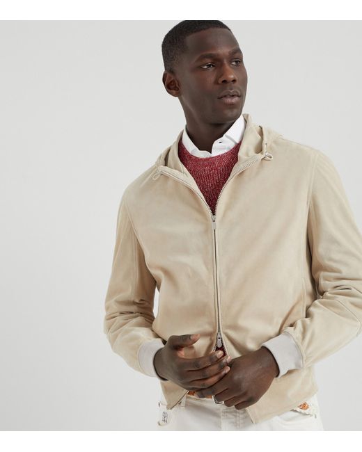 Brunello Cucinelli White Suede Bomber Jacket for men