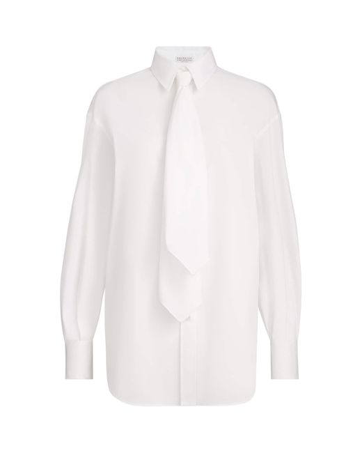 Brunello Cucinelli White Cotton-Blend Tie-Detail Shirt