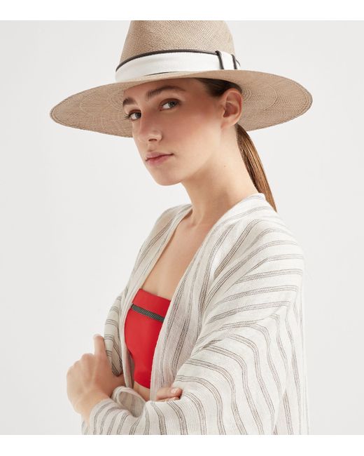 Brunello Cucinelli White Straw Embellished Fedora Hat
