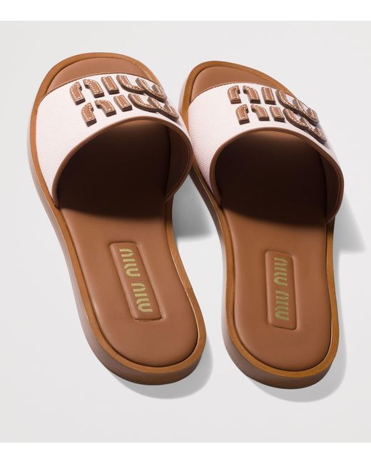Miu Miu Brown Canvas-Leather Logo Sandals
