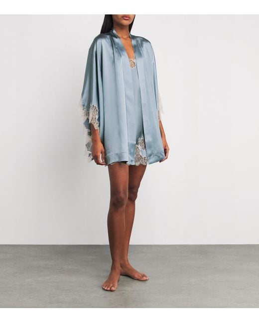 Carine Gilson Blue Silk Lace-Trim Short Kimono Robe