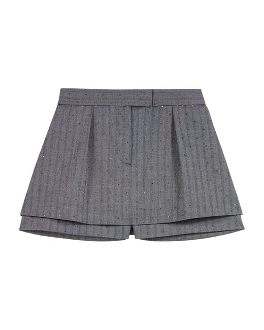 Maje Gray Striped Rhinestone-Embellished Skort