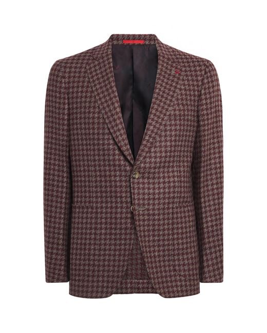 Isaia Brown Wool-Cashmere-Silk Houndstooth Capri Blazer for men