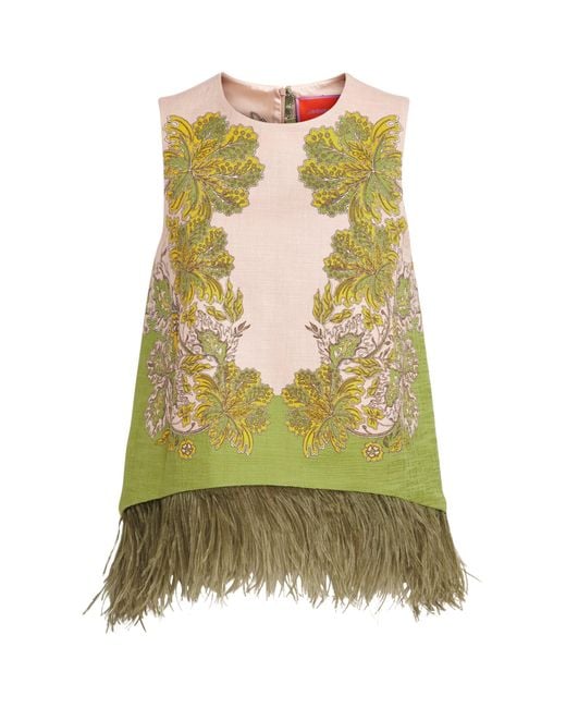 LaDoubleJ Green Feather-Trim Scala Top
