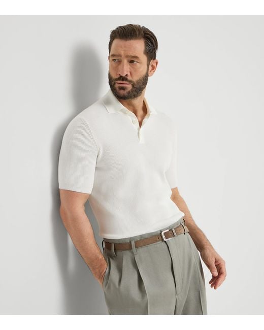 Brunello Cucinelli White Cotton Rib-Knit Polo Shirt for men