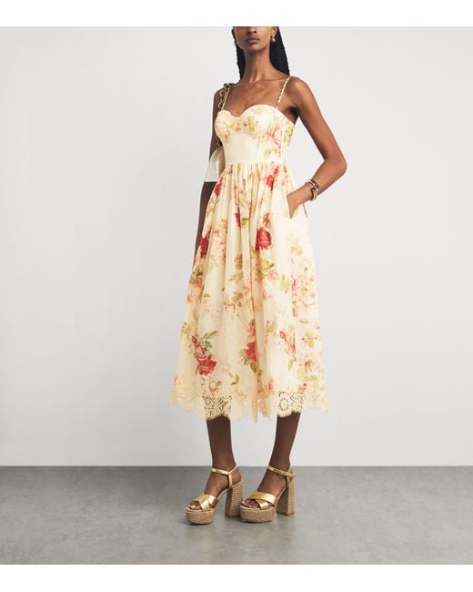 Zimmermann Metallic Linen Floral Print Roselight Midi Dress