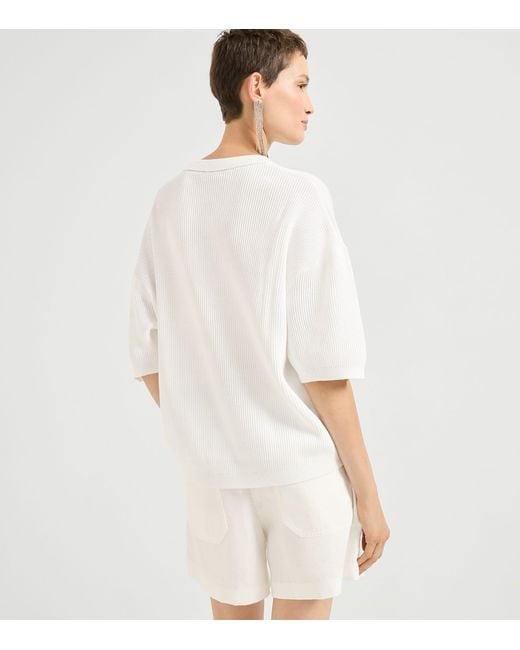 Brunello Cucinelli White Cotton Cropped-Sleeve Sweater