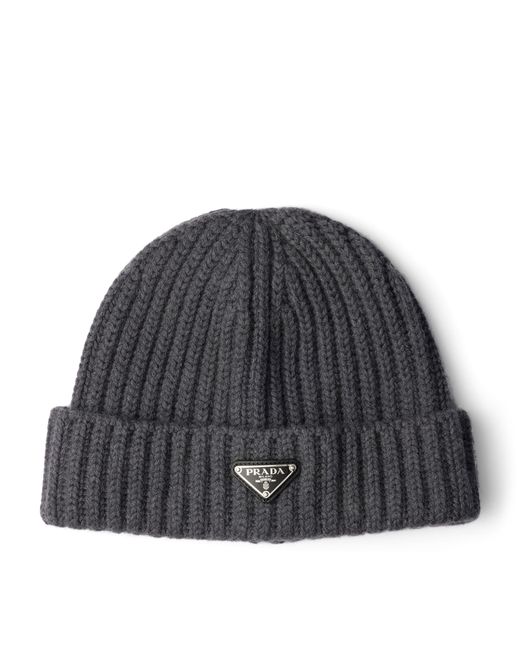 Prada Gray Wool Logo Beanie for men