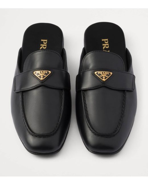 Prada Black Leather Triangle Slippers