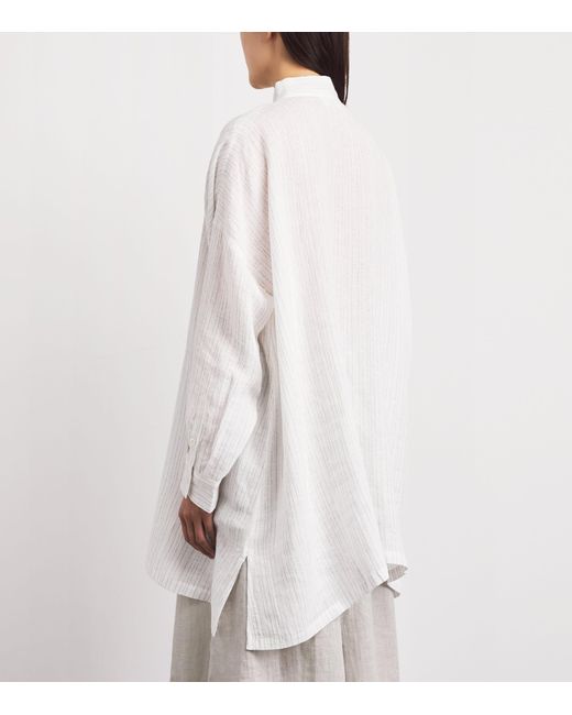 Eskandar White Linen-Blend Collarless Stripe Shirt