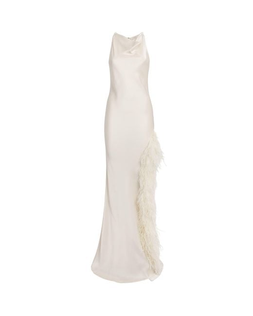 LAPOINTE White Satin Feather-Trim Halterneck Gown