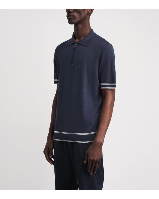 Boss Blue Linen-Blend Zip-Up Polo Shirt for men
