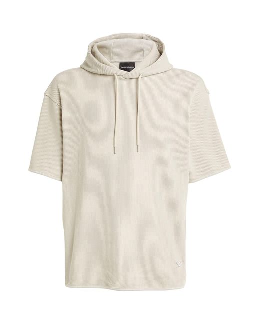 Emporio Armani White Short-sleeve Ribbed Hoodie for men