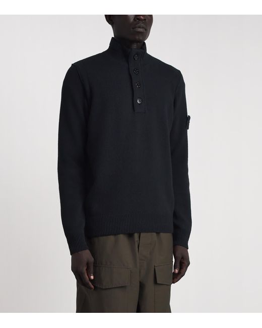 Stone Island Blue Wool-Blend Button-Up Sweater for men