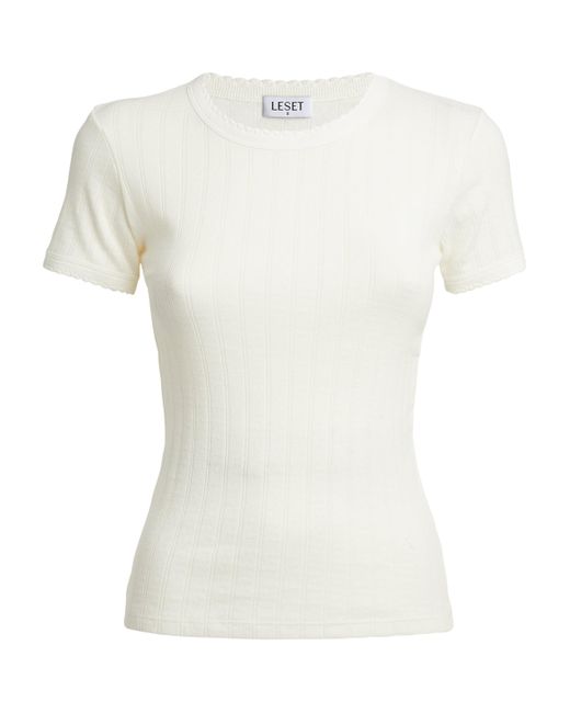 Leset White Rib-Knit Pointelle T-Shirt