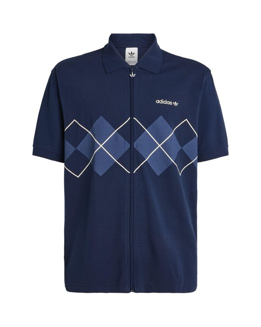 Adidas Originals Blue Argyle Tennis Zipped Polo Shirt for men